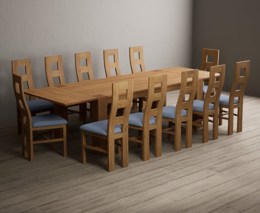 Sheringham 200cm Solid Oak Dining Table with Sheringham Oak Extensions (Pair) with 12 Charcoal Grey Natural Solid Oak Chairs