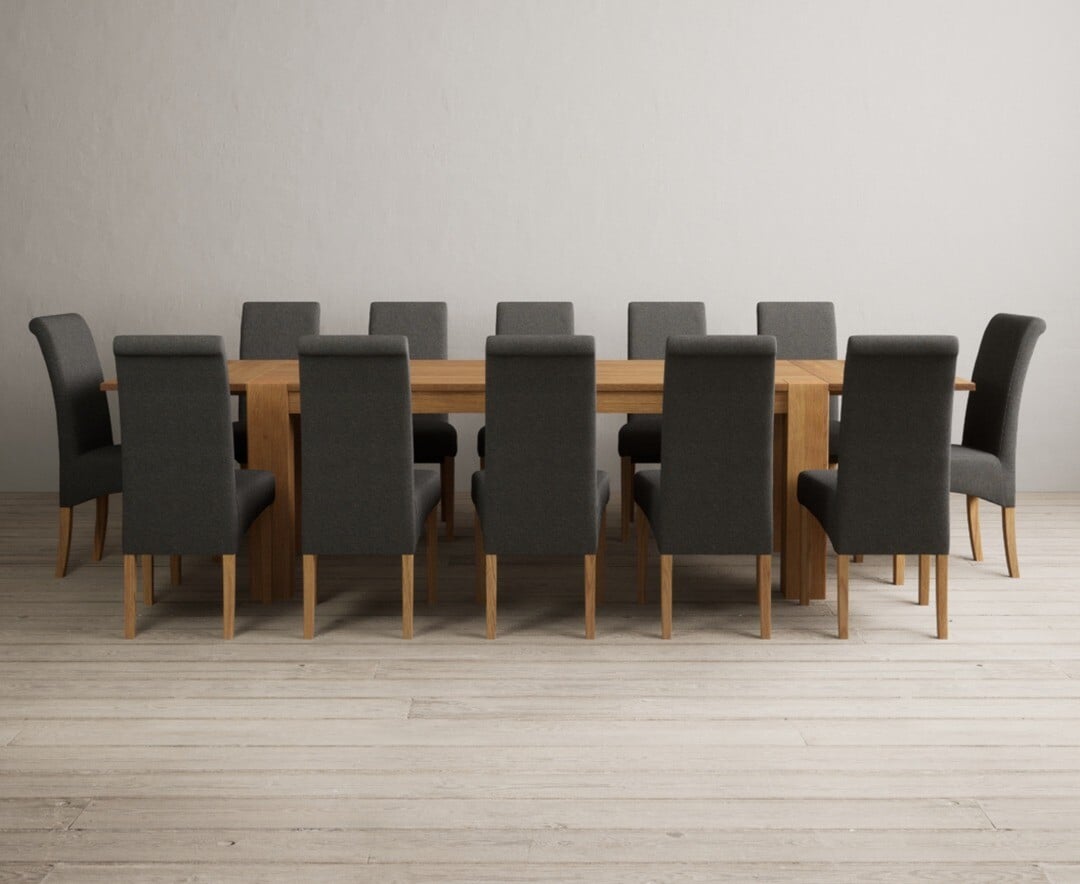 Sheringham 200cm Solid Oak Dining Table with Sheringham Oak Extensions (Pair) with 6 Charcoal Grey Scroll Back Chairs