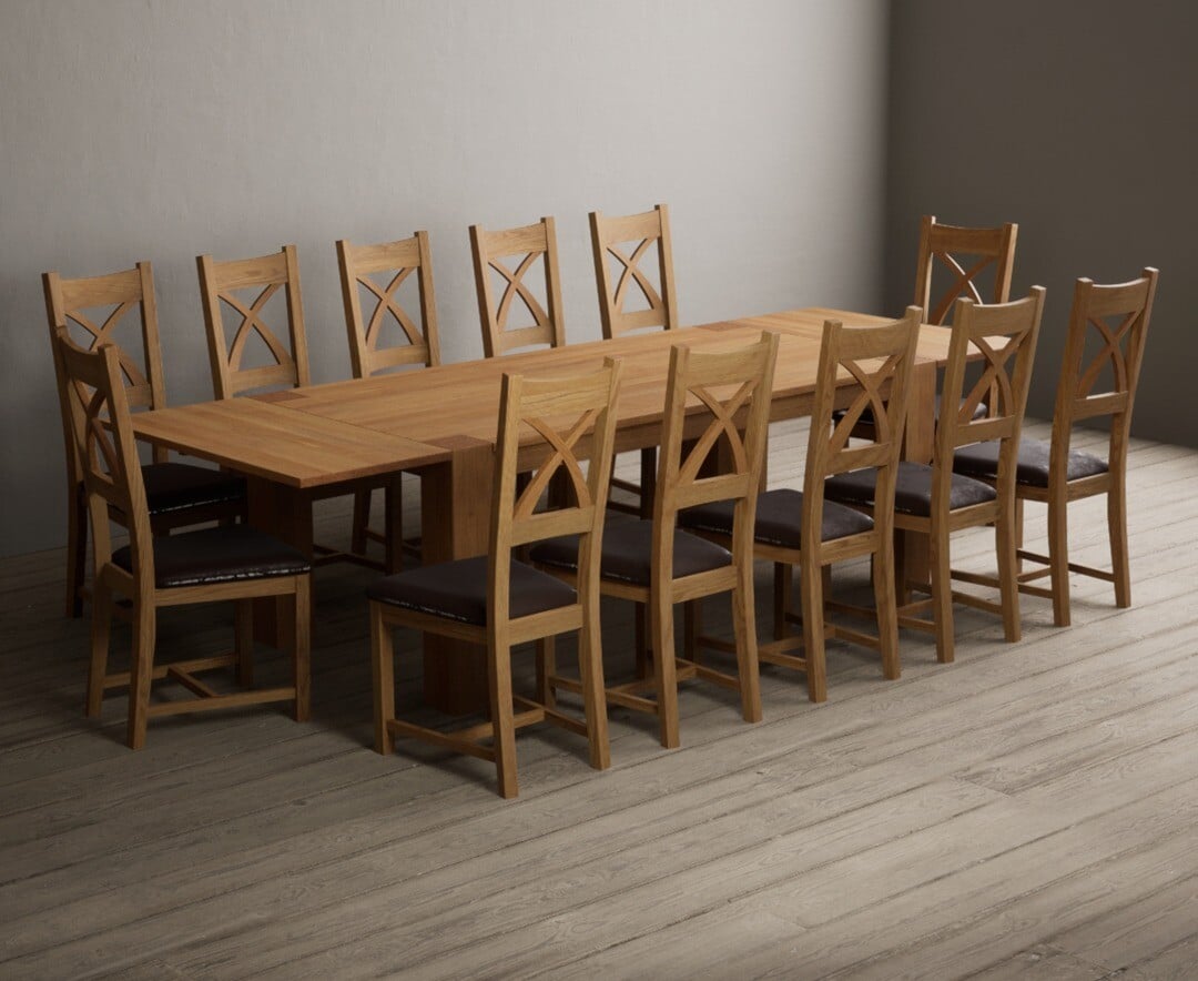 Sheringham 200cm Solid Oak Dining Table with Sheringham Oak Extensions (Pair) with 12 Charcoal Grey Natural Solid Oak Chairs