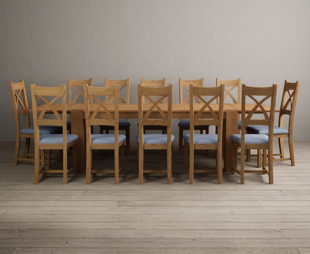 Sheringham 200cm Solid Oak Dining Table with Sheringham Oak Extensions (Pair) with 12 Charcoal Grey Natural Solid Oak Chairs