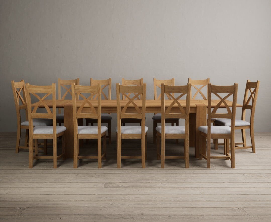Sheringham 200cm Solid Oak Dining Table with Sheringham Oak Extensions (Pair) with 12 Charcoal Grey Natural Solid Oak Chairs