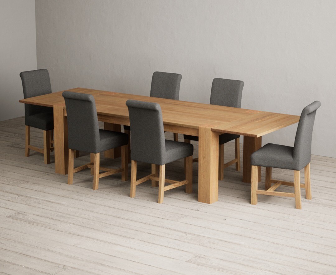 Sheringham 200cm Solid Oak Dining Table With Sheringham Oak Extensions Pair With 12 Blue Braced Chairs