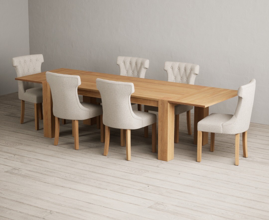 Sheringham 200cm Solid Oak Dining Table With 10 Grey Clara Chairs With Sheringham Oak Extensions Pair