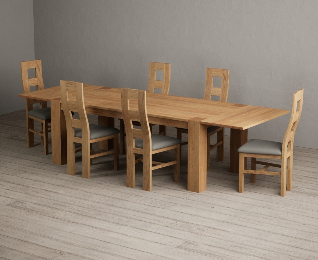 Sheringham 200cm Solid Oak Dining Table with Sheringham Oak Extensions (Pair) with 12 Grey Natural Solid Oak Chairs