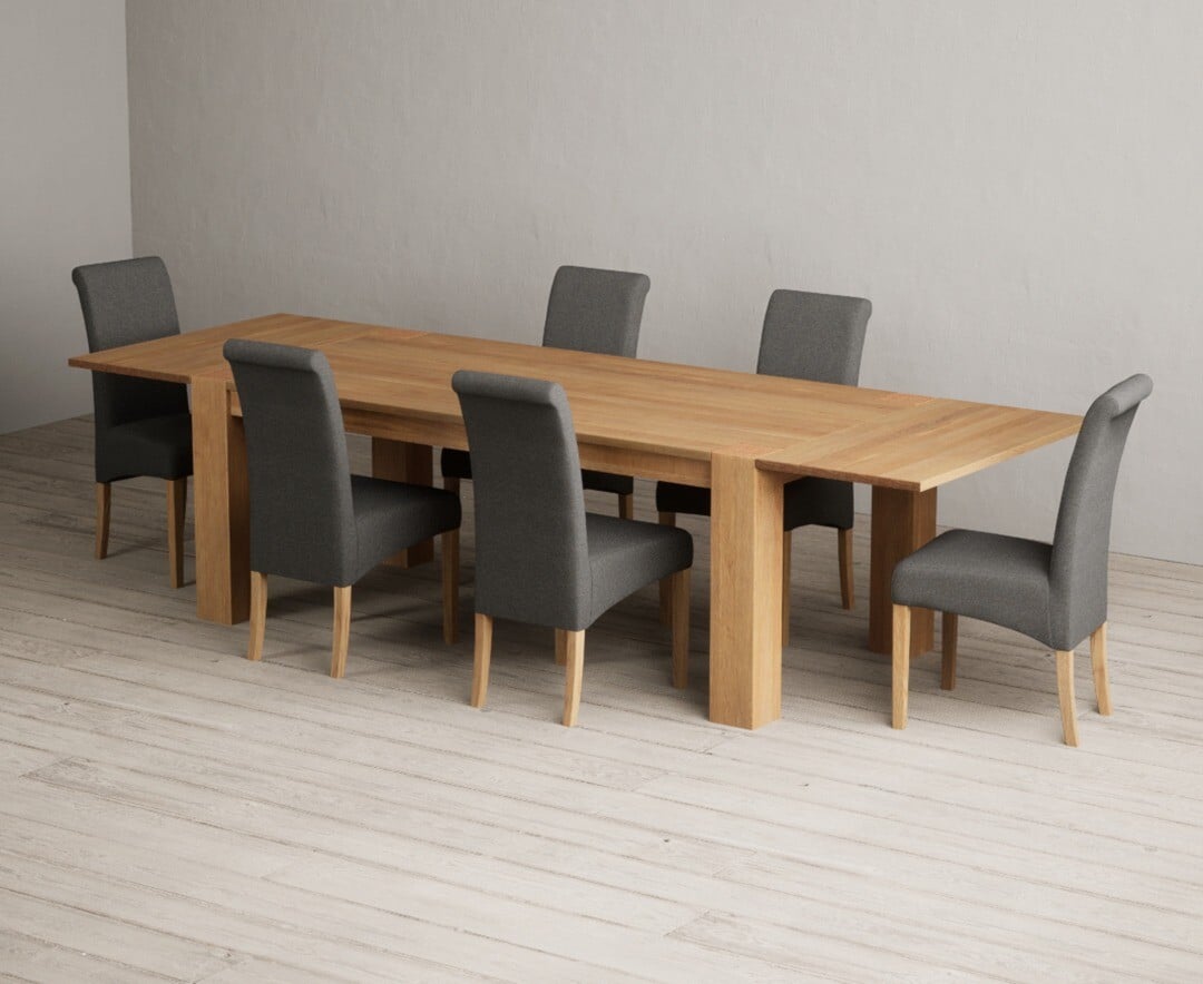 Sheringham 200cm Solid Oak Dining Table with Sheringham Oak Extensions (Pair) with 6 Charcoal Grey Scroll Back Chairs