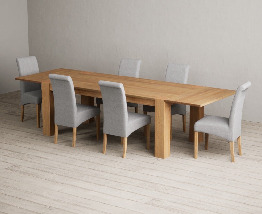 Sheringham 200cm Solid Oak Dining Table with Sheringham Oak Extensions (Pair) with 6 Charcoal Grey Scroll Back Chairs