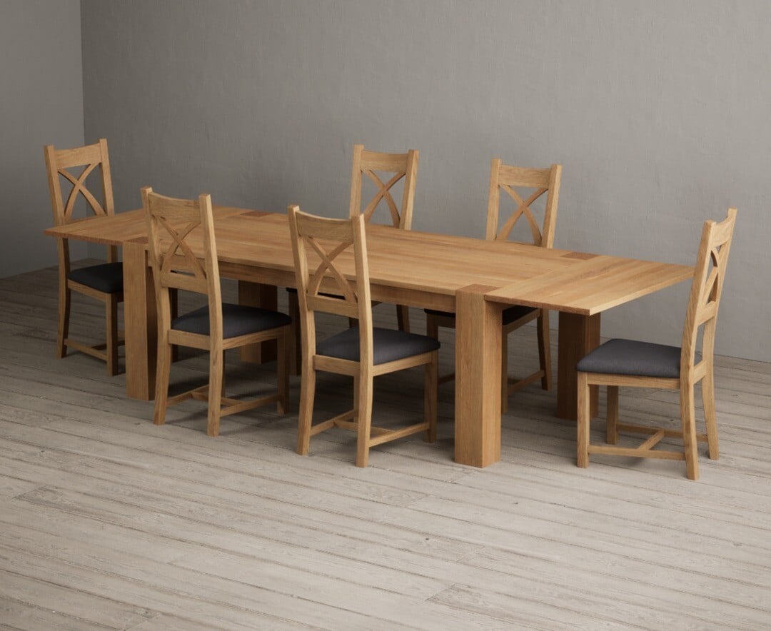 Sheringham 200cm Solid Oak Dining Table with Sheringham Oak Extensions (Pair) with 12 Charcoal Grey Natural Solid Oak Chairs