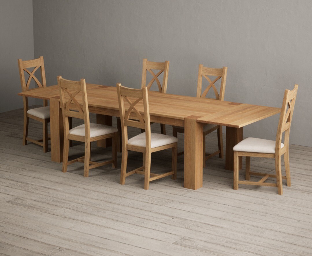 Sheringham 200cm Solid Oak Dining Table With Sheringham Oak Extensions Pair With 10 Blue Natural Solid Oak Chairs