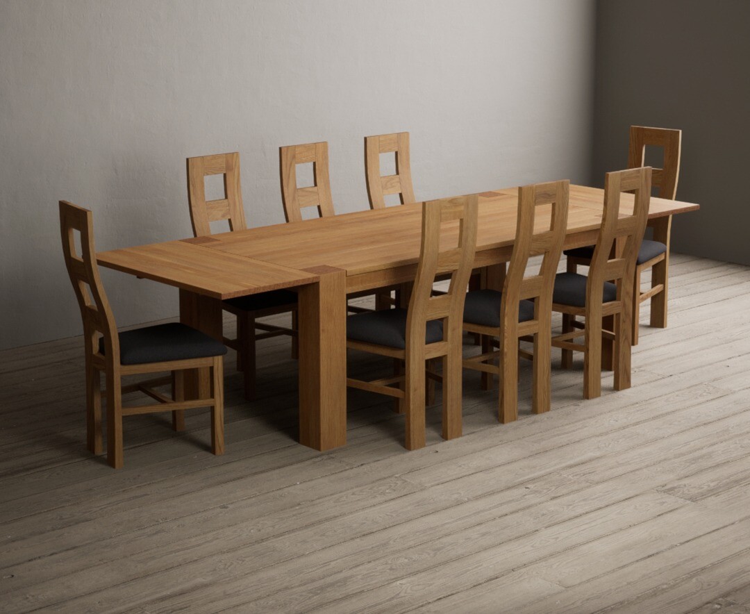 Sheringham 200cm Solid Oak Dining Table with Sheringham Oak Extensions (Pair) with 12 Charcoal Grey Natural Solid Oak Chairs
