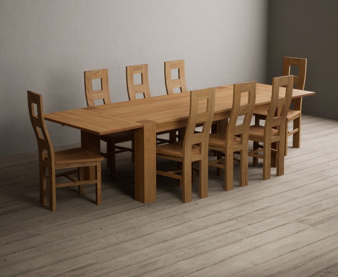 Sheringham 200cm Solid Oak Dining Table with Sheringham Oak Extensions (Pair) with 8 Oak Natural Chairs