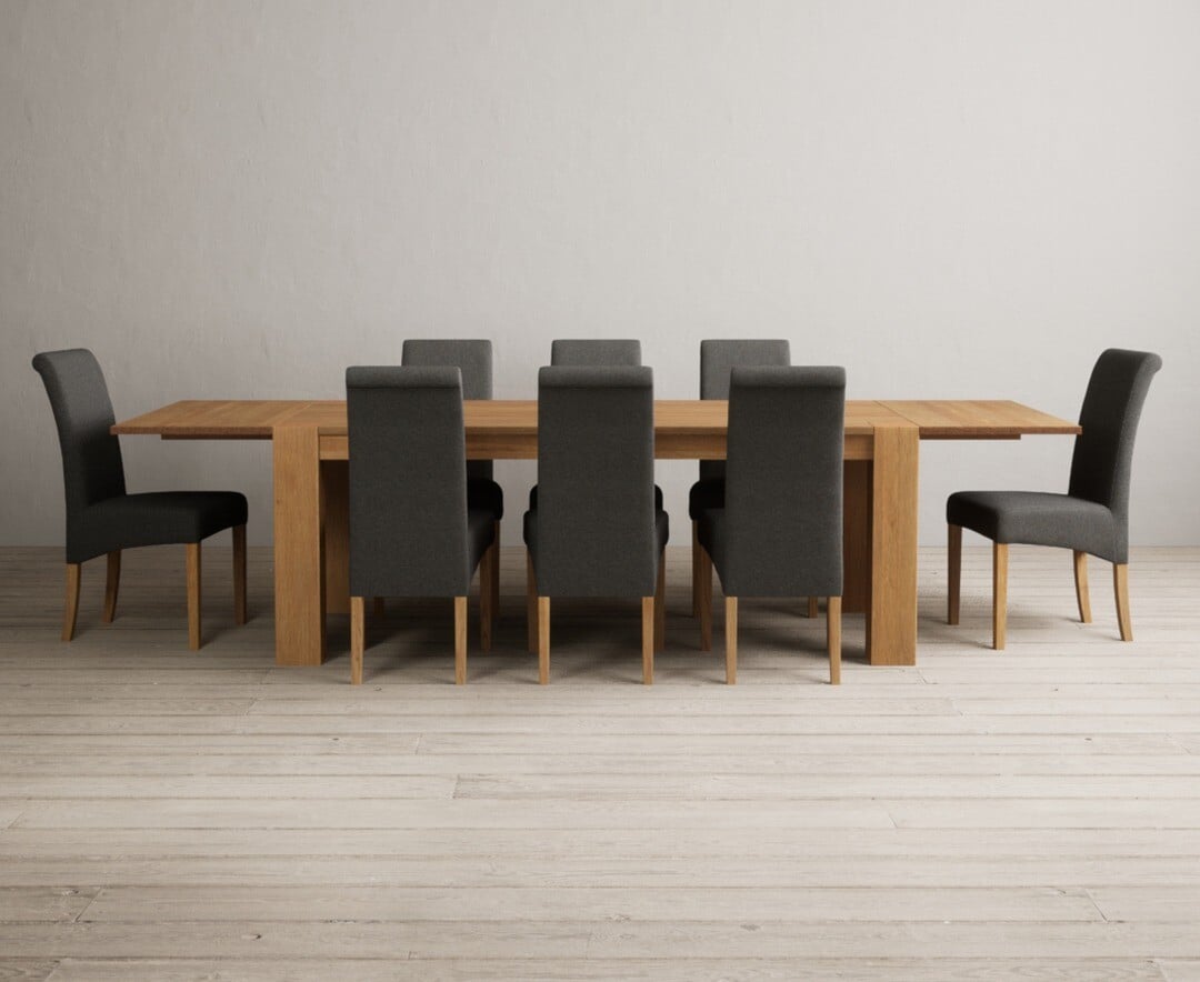 Sheringham 200cm Solid Oak Dining Table with Sheringham Oak Extensions (Pair) with 6 Charcoal Grey Scroll Back Chairs