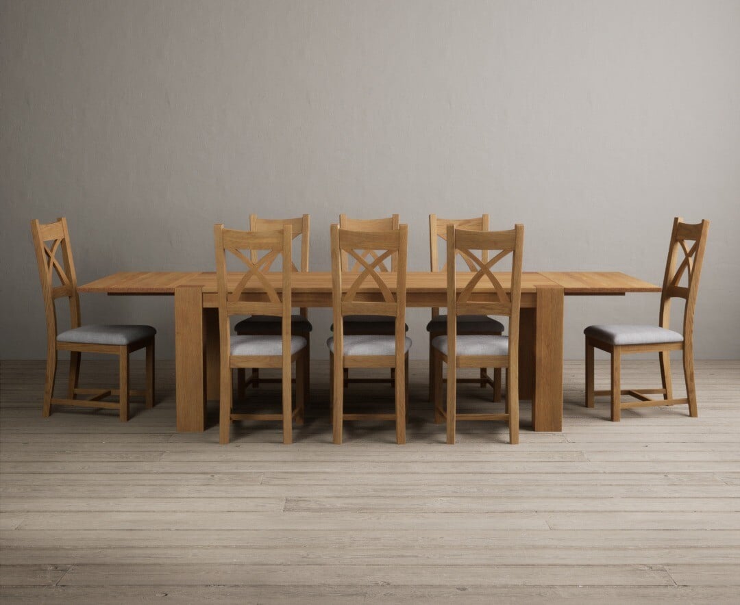 Sheringham 200cm Solid Oak Dining Table with Sheringham Oak Extensions (Pair) with 12 Charcoal Grey Natural Solid Oak Chairs