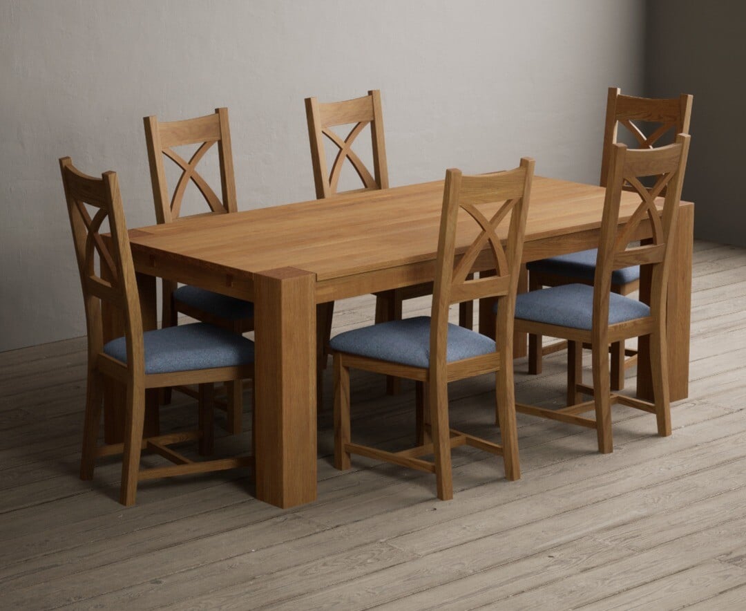 Sheringham 200cm Solid Oak Dining Table with 6 Blue Natural Chairs