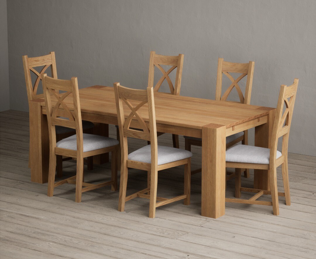 Sheringham 200cm Solid Oak Dining Table With 6 Light Grey Natural Solid Oak Chairs