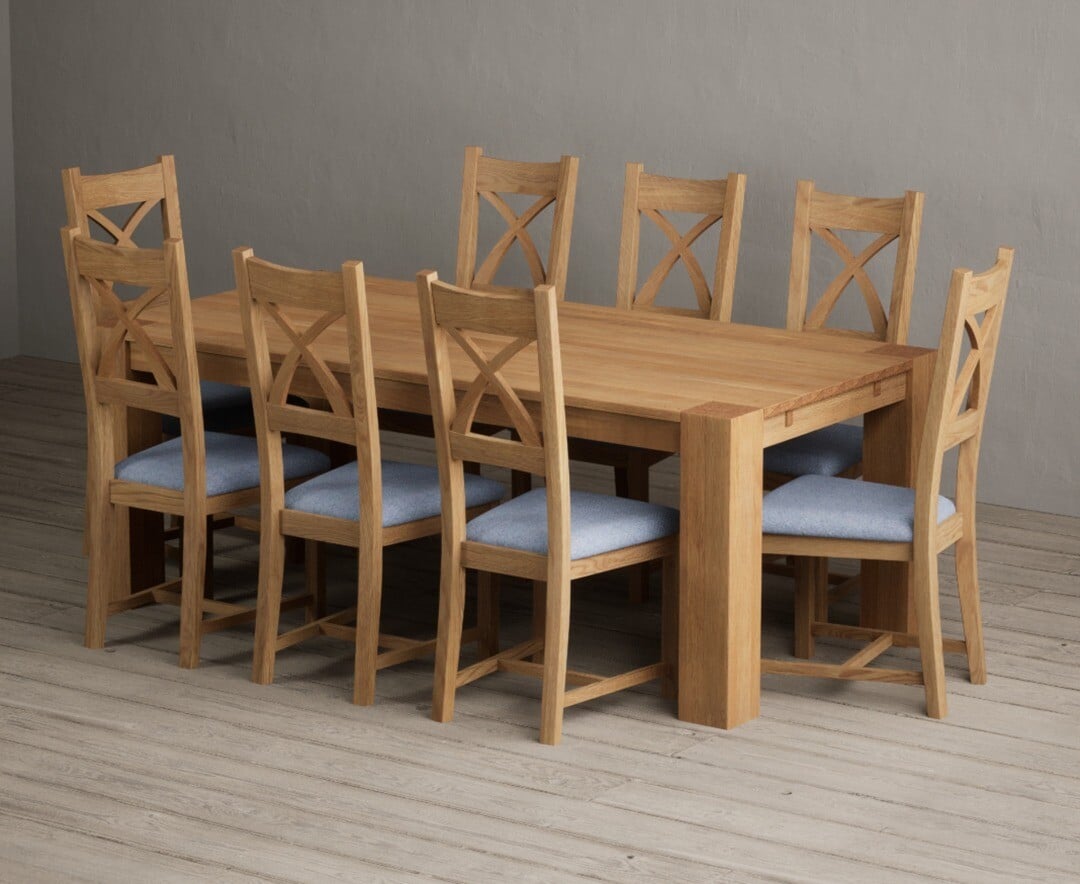 Sheringham 200cm Solid Oak Dining Table with 6 Blue Natural Chairs