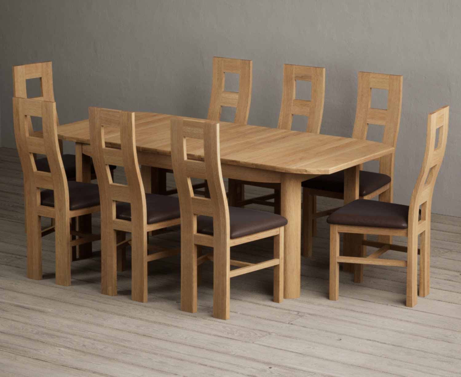 Extending Somerton 160cm Solid Oak Dining Table with 8 Brown Natural Chairs