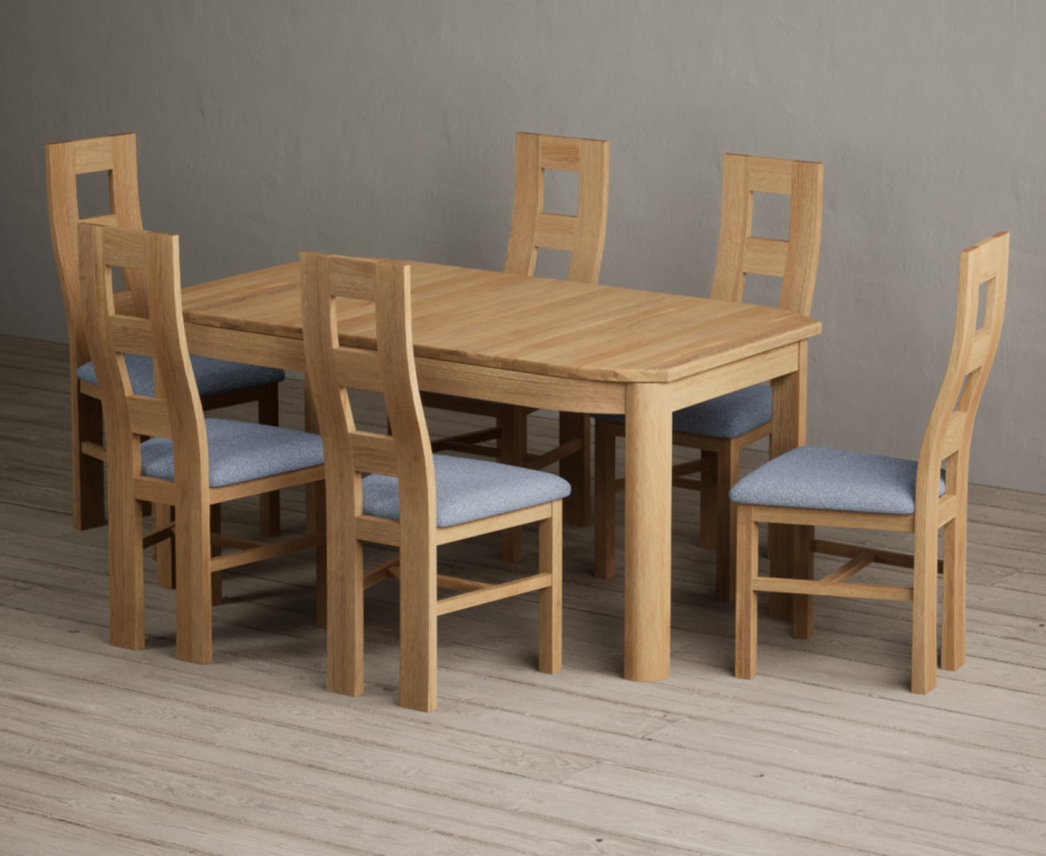 Extending Somerton 160cm Solid Oak Dining Table with 8 Blue Natural Chairs