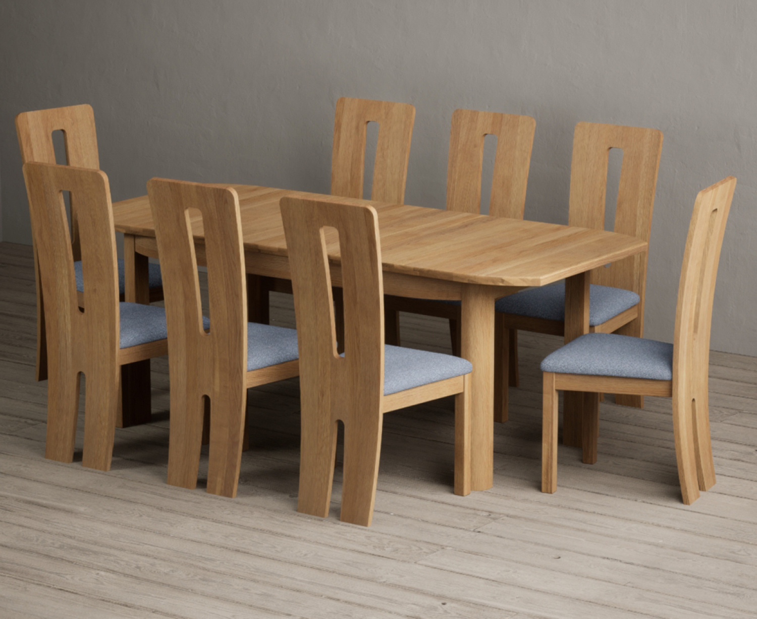 Extending Somerton 160cm Solid Oak Dining Table with 8 Blue Lucca Chairs