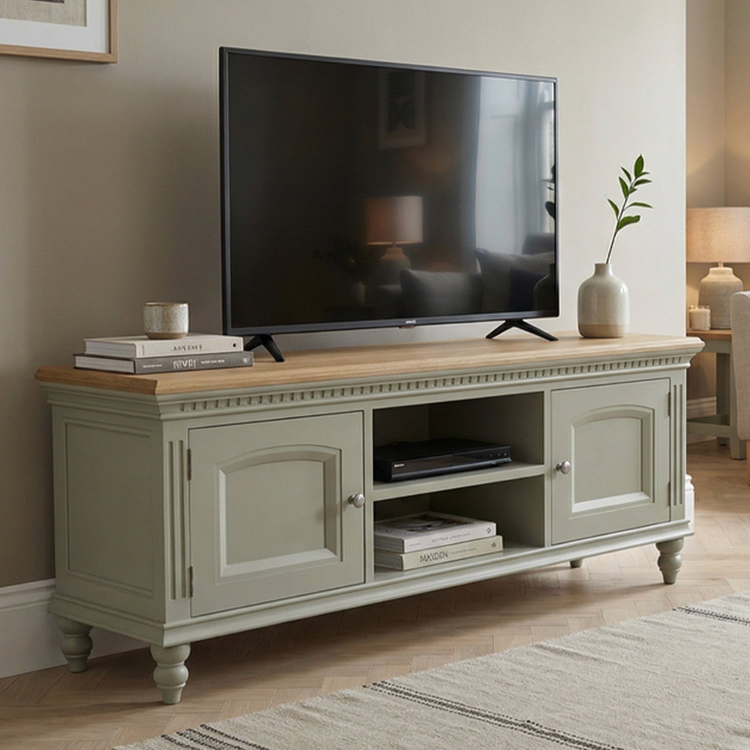 Francis Oak And Soft Green Painted Large Tv Cabinet