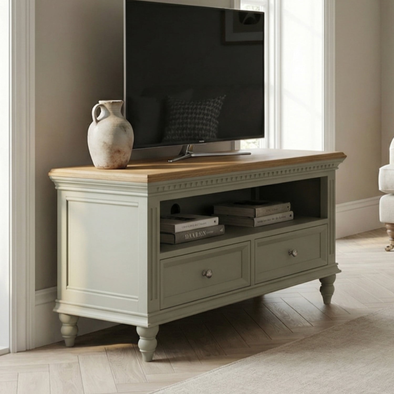 Francis Oak And Soft Green Painted Small Tv Cabinet