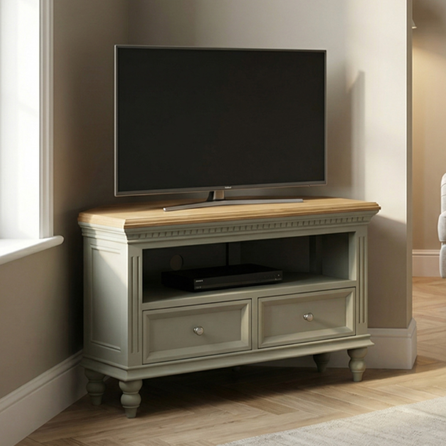 Francis Oak And Soft Green Painted Corner Tv Cabinet