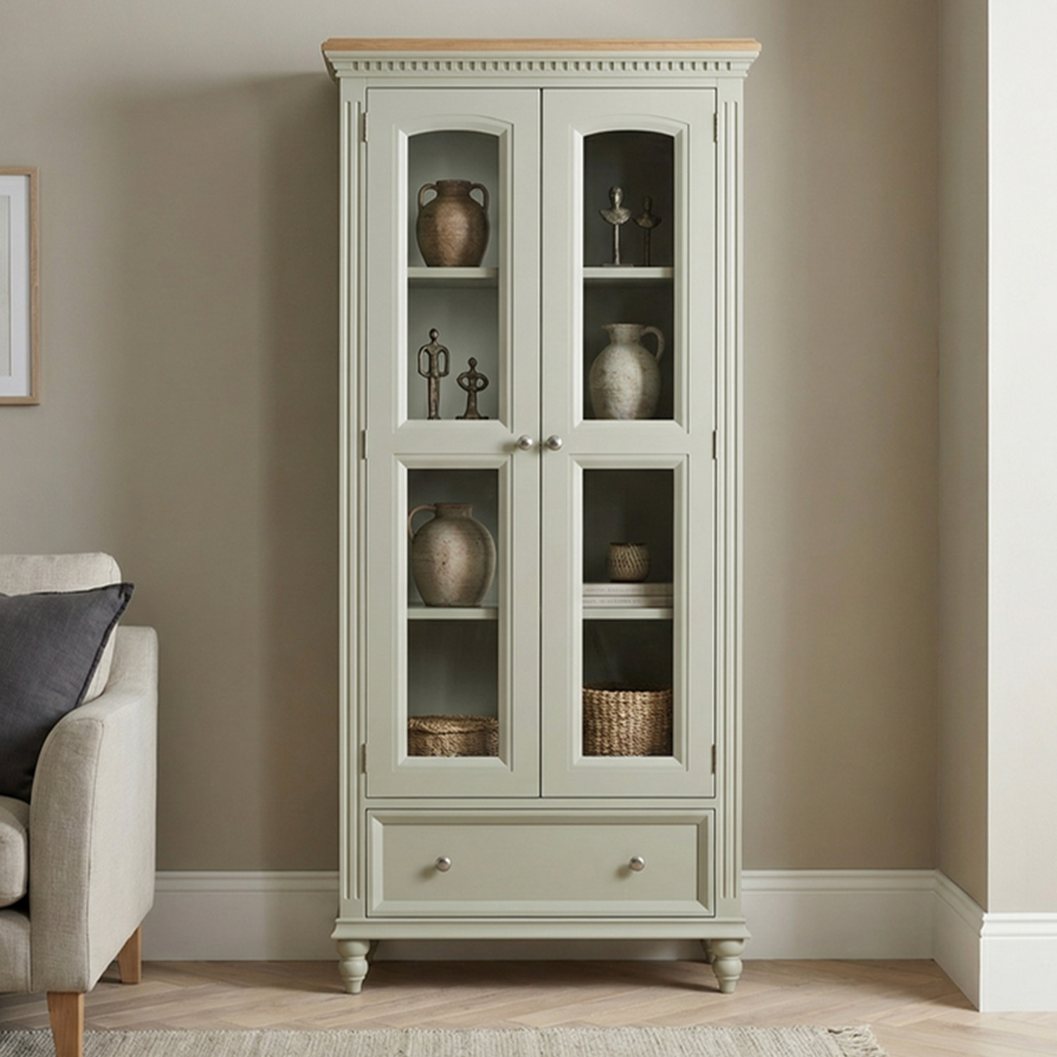 Francis Oak And Soft Green Painted Glazed Display Cabinet
