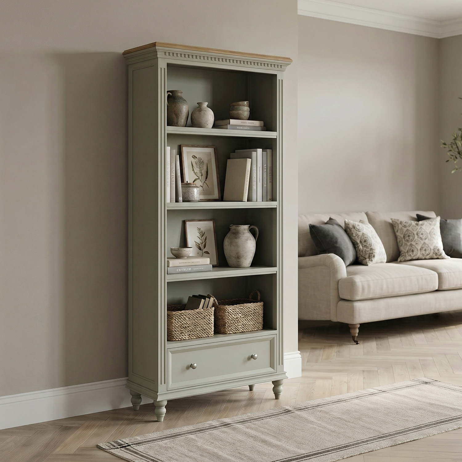 Francis Oak And Soft Green Painted Tall Bookcase