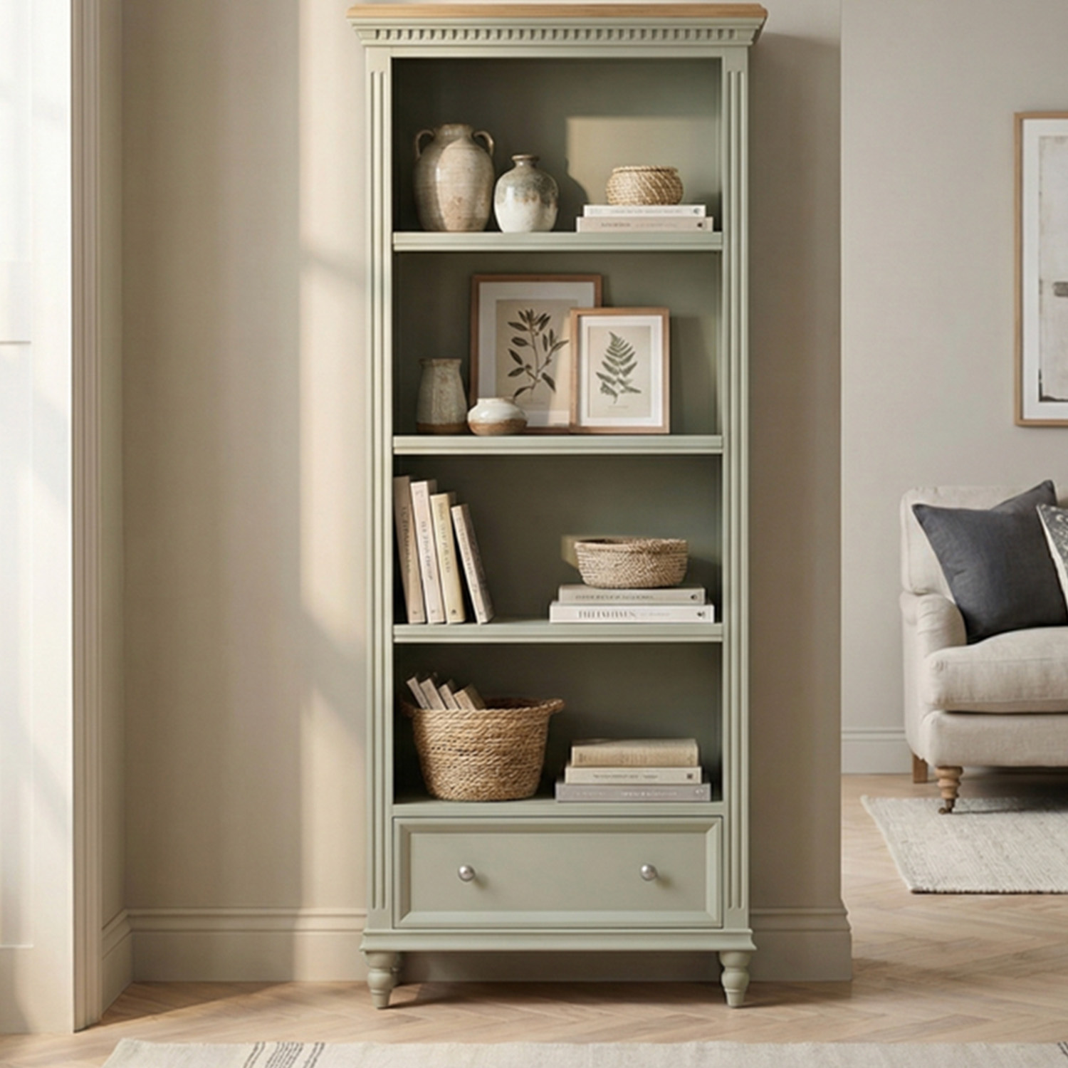 Francis Oak And Soft Green Painted Tall Bookcase