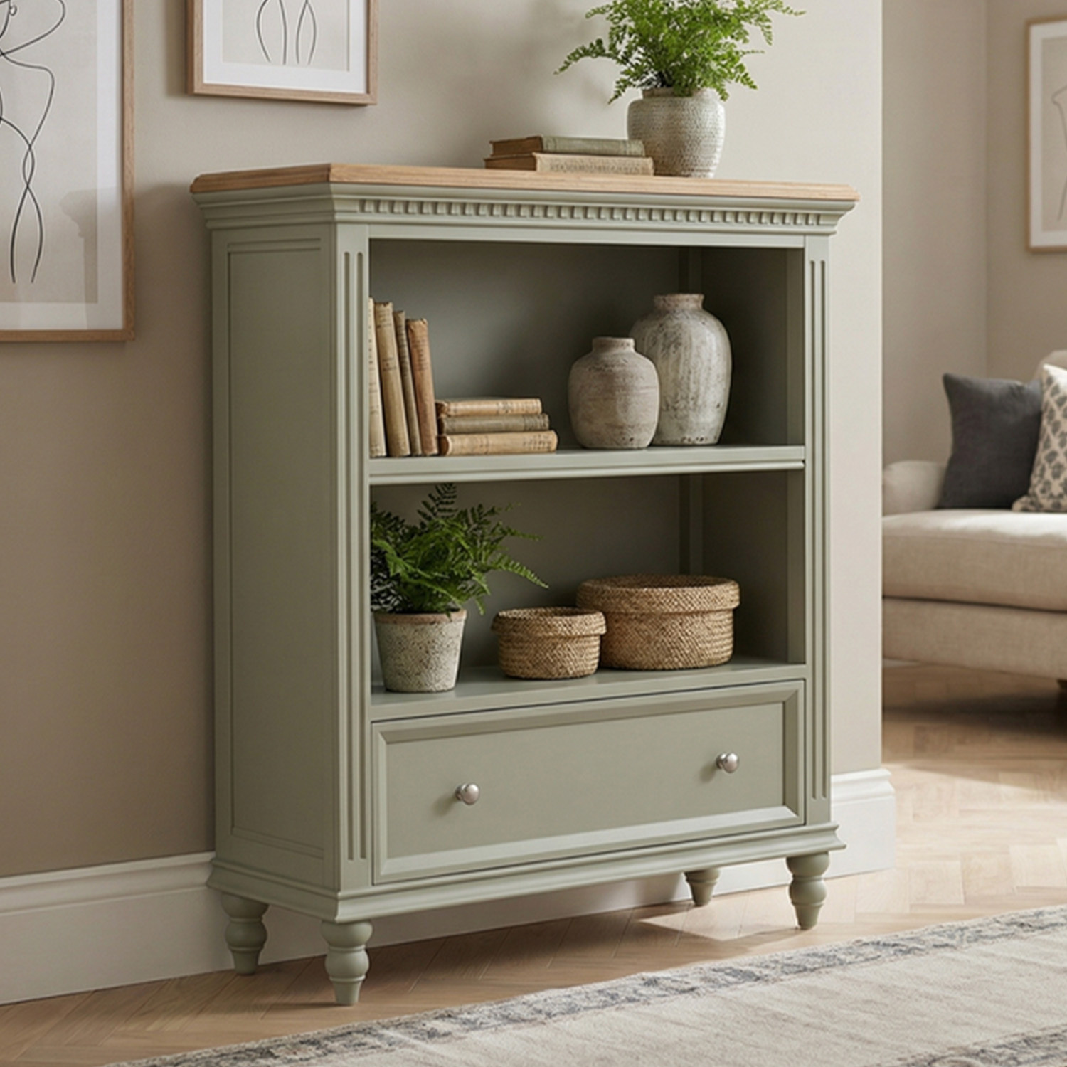 Francis Oak And Soft Green Painted Low Bookcase