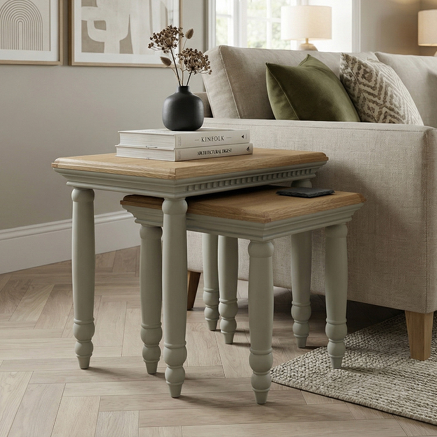 Francis Oak And Soft Green Painted Nest Of Tables