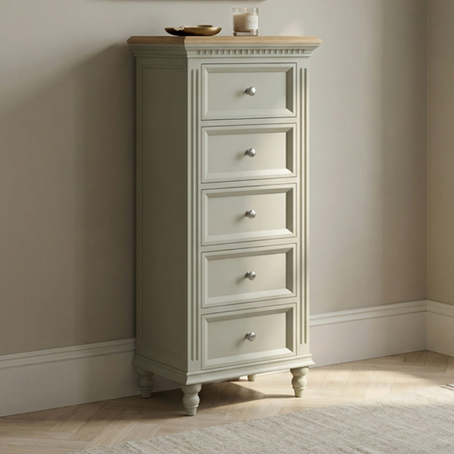 Francis Oak And Soft Green Painted 5 Drawer Tallboy