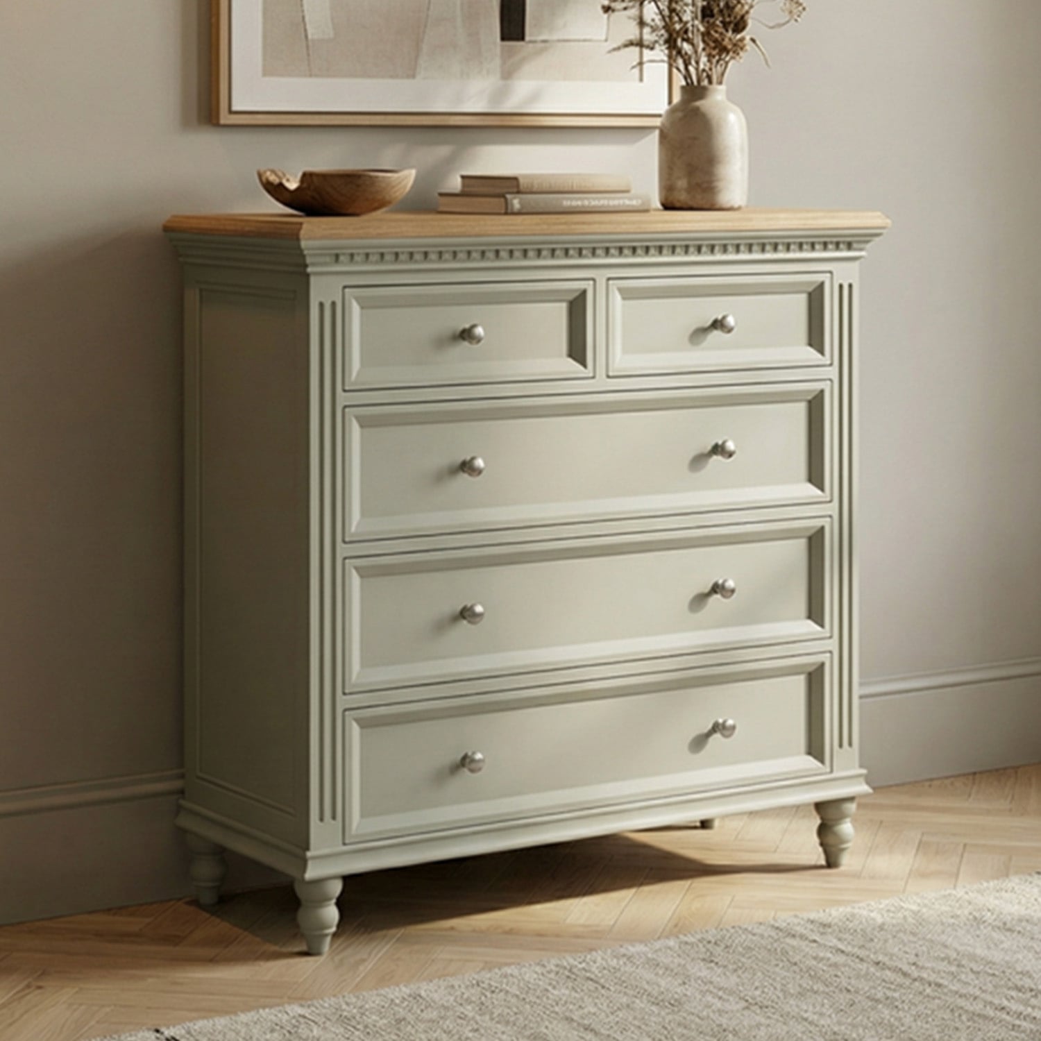Francis Oak And Soft Green Painted 2 Over 3 Chest Of Drawers