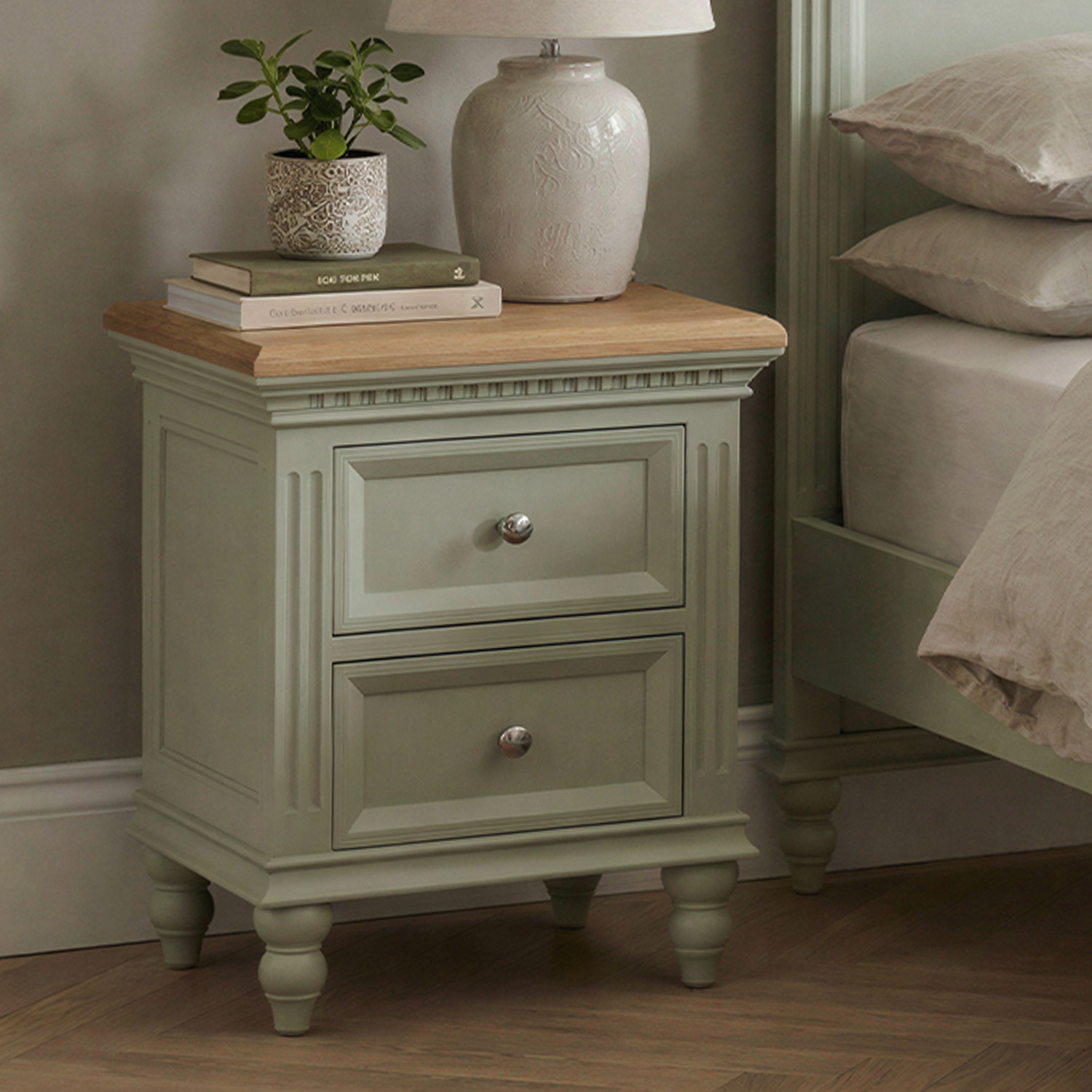 Francis Oak And Soft Green Painted 2 Drawer Bedside Chest