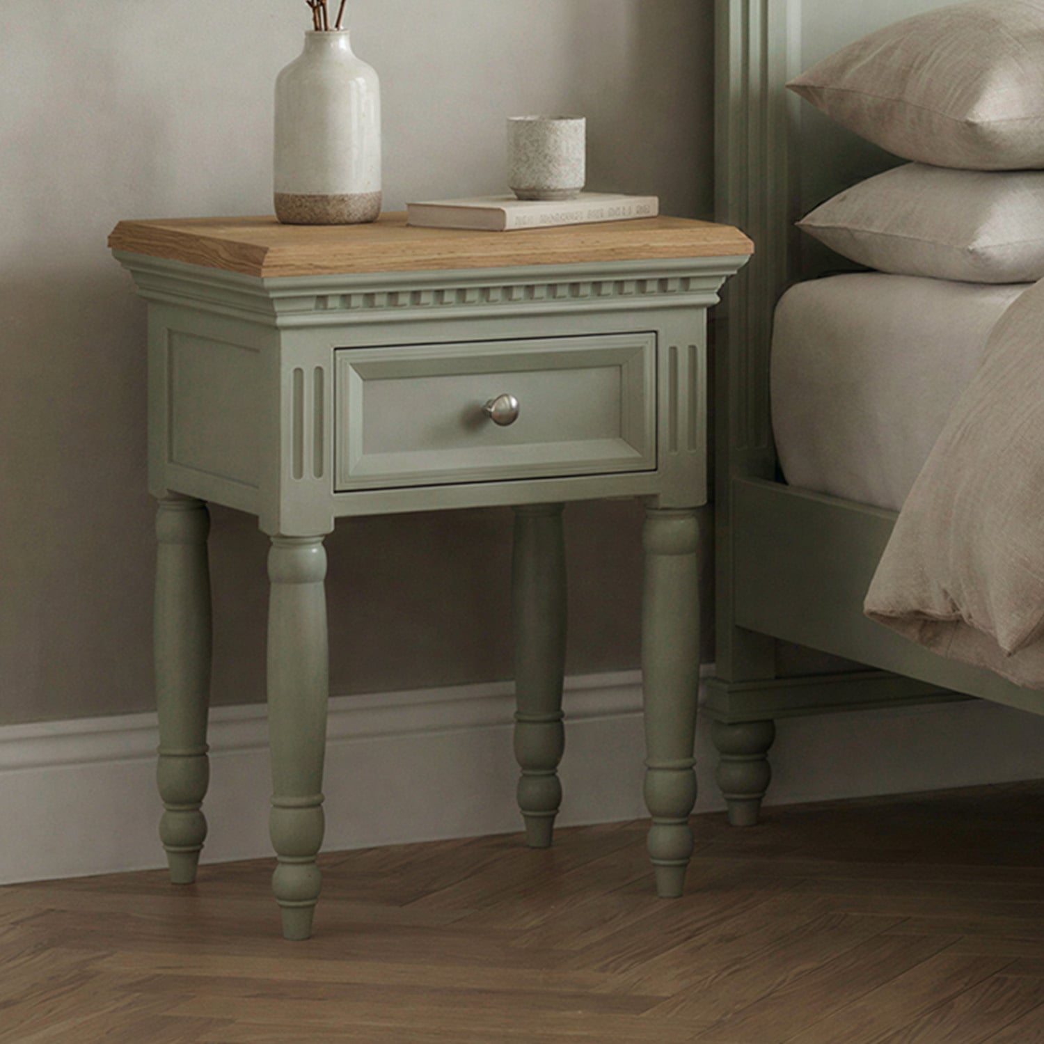 Francis Oak And Soft Green Painted Bedside Table