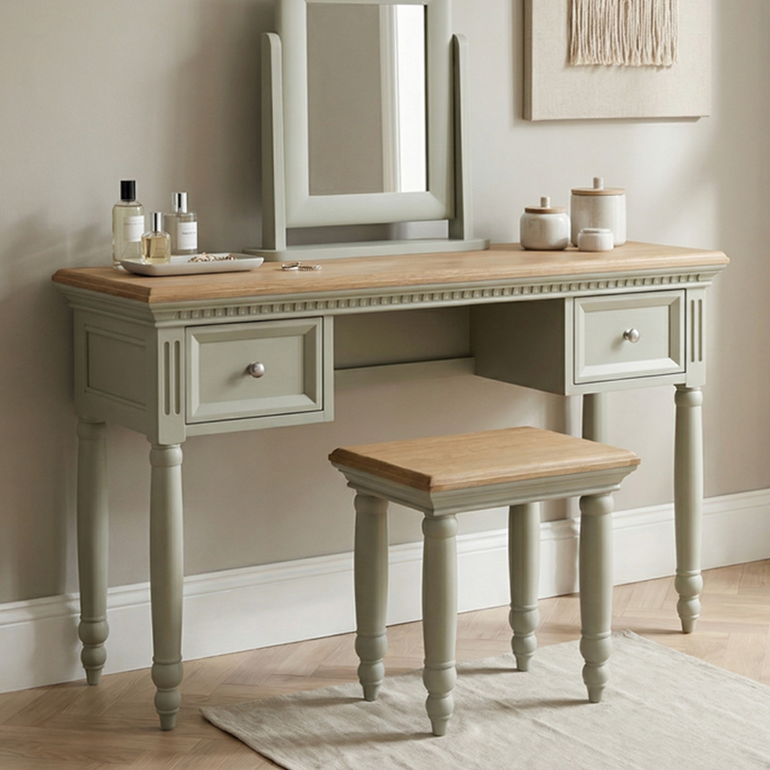 Francis Oak And Soft Green Painted Dressing Table Set