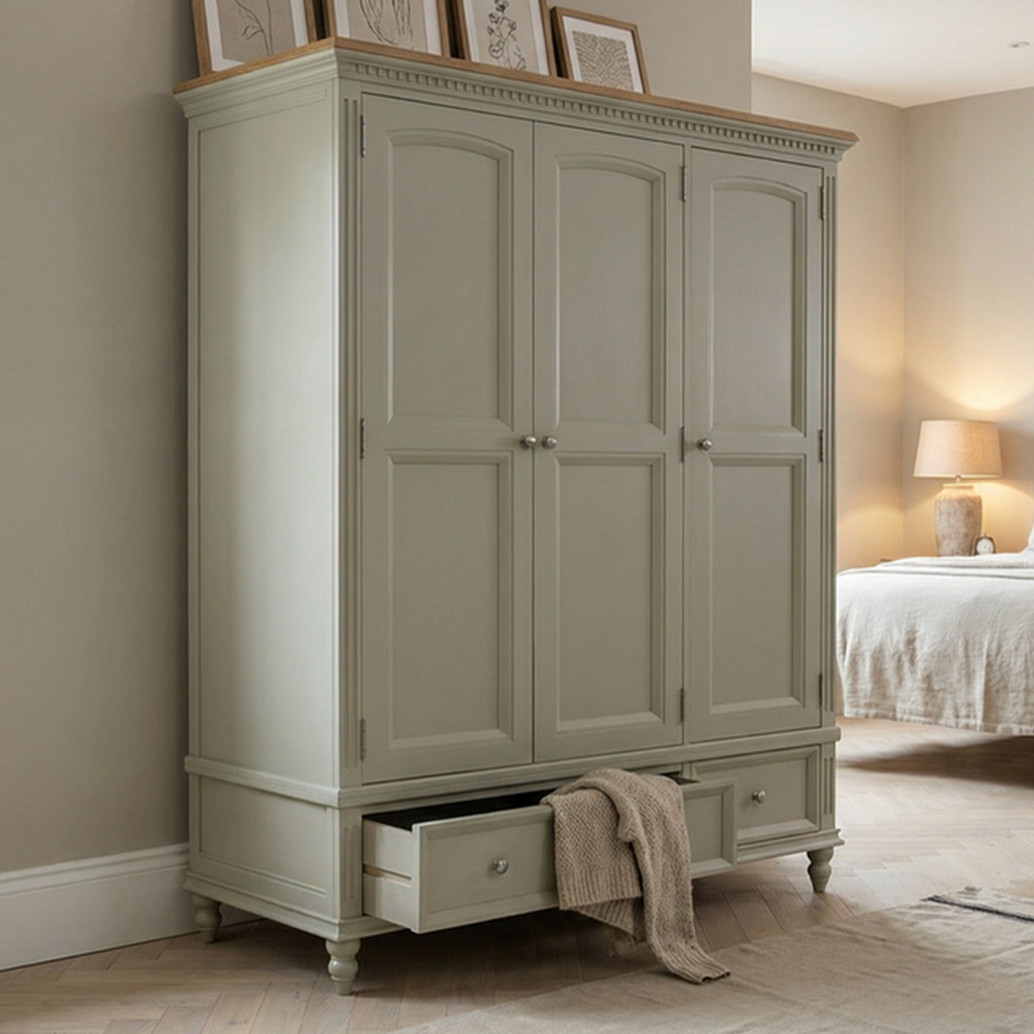Francis Oak And Soft Green Painted Triple Wardrobe
