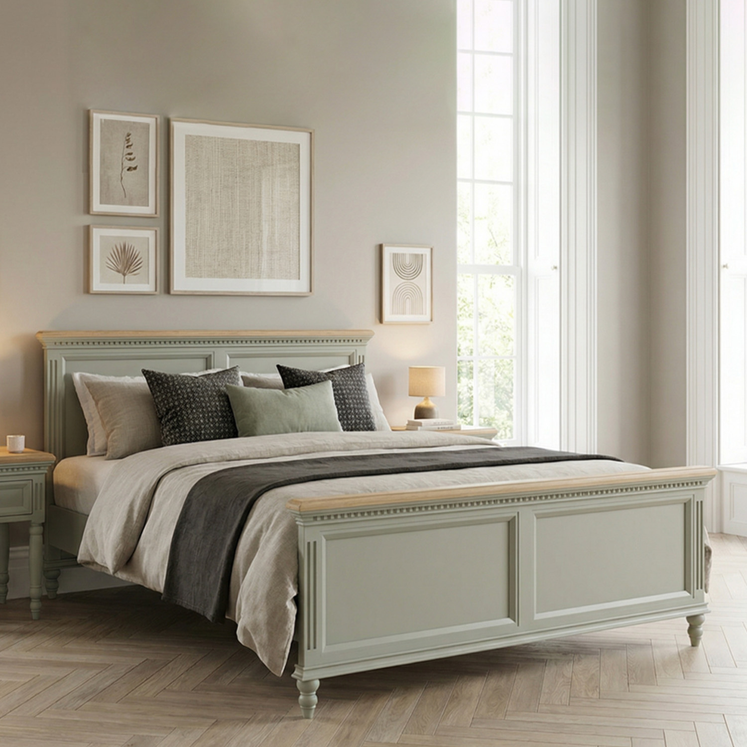 Francis Oak And Soft Green Painted King Size Bed
