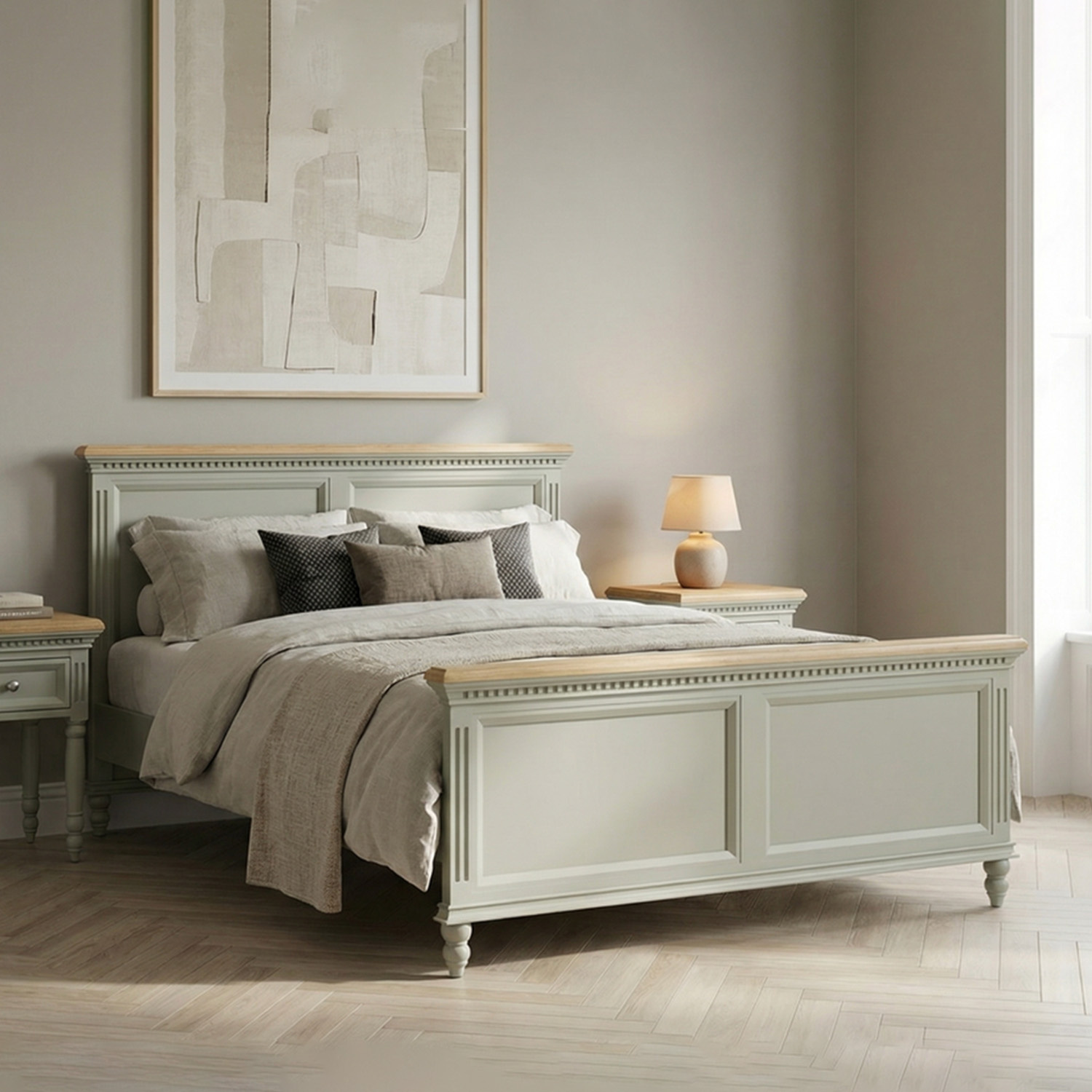 Francis Oak And Soft Green Painted Double Bed