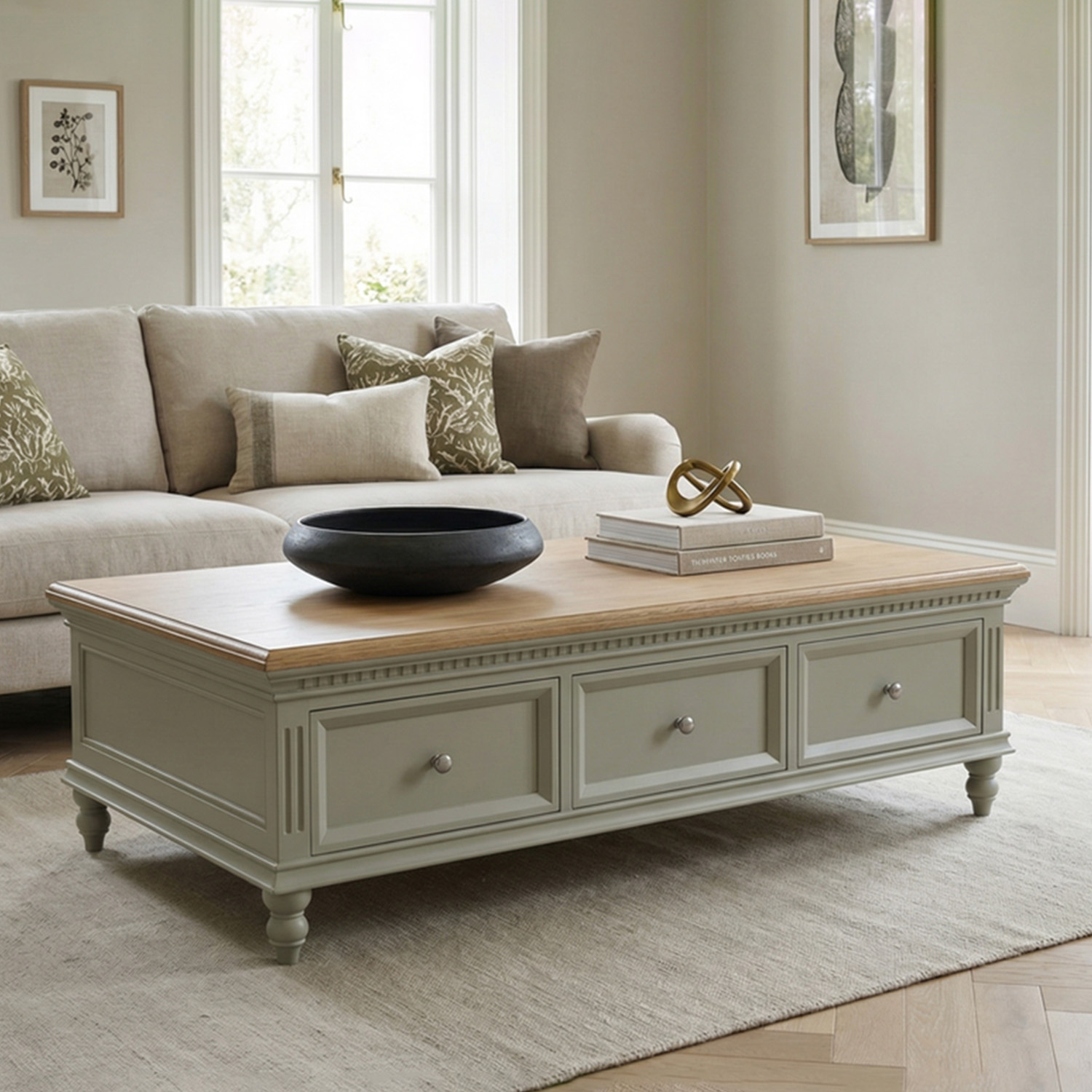 Francis Oak And Soft Green Painted 6 Drawer Extra Large Coffee Table