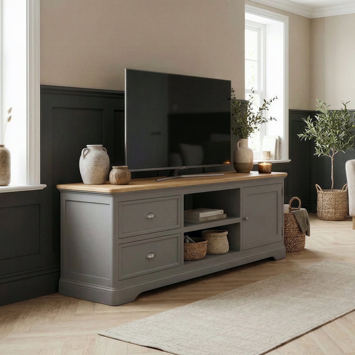 Felton Oak and Light Grey Painted Super Wide TV Cabinet