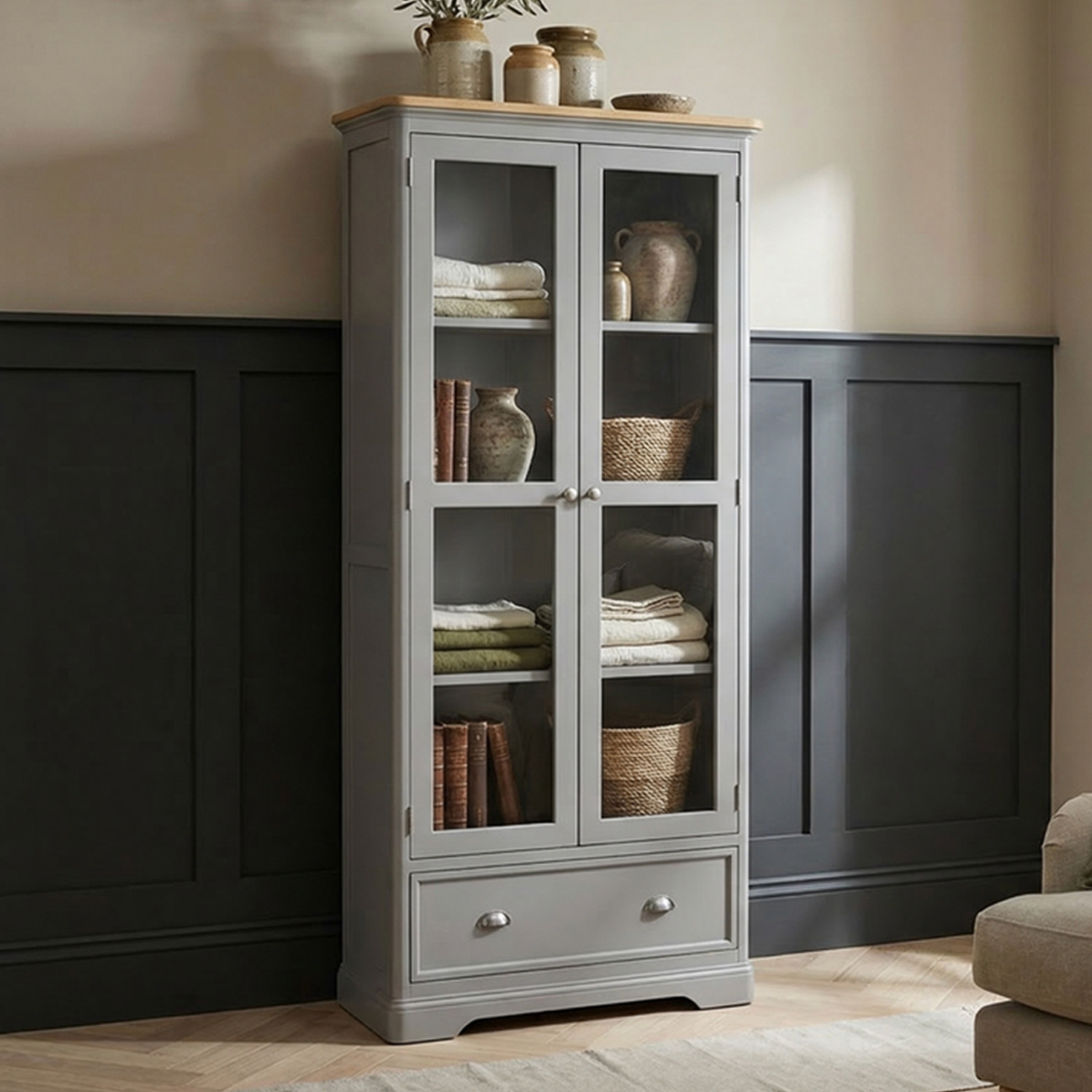 Felton Oak and Light Grey Painted Glazed Display Cabinet