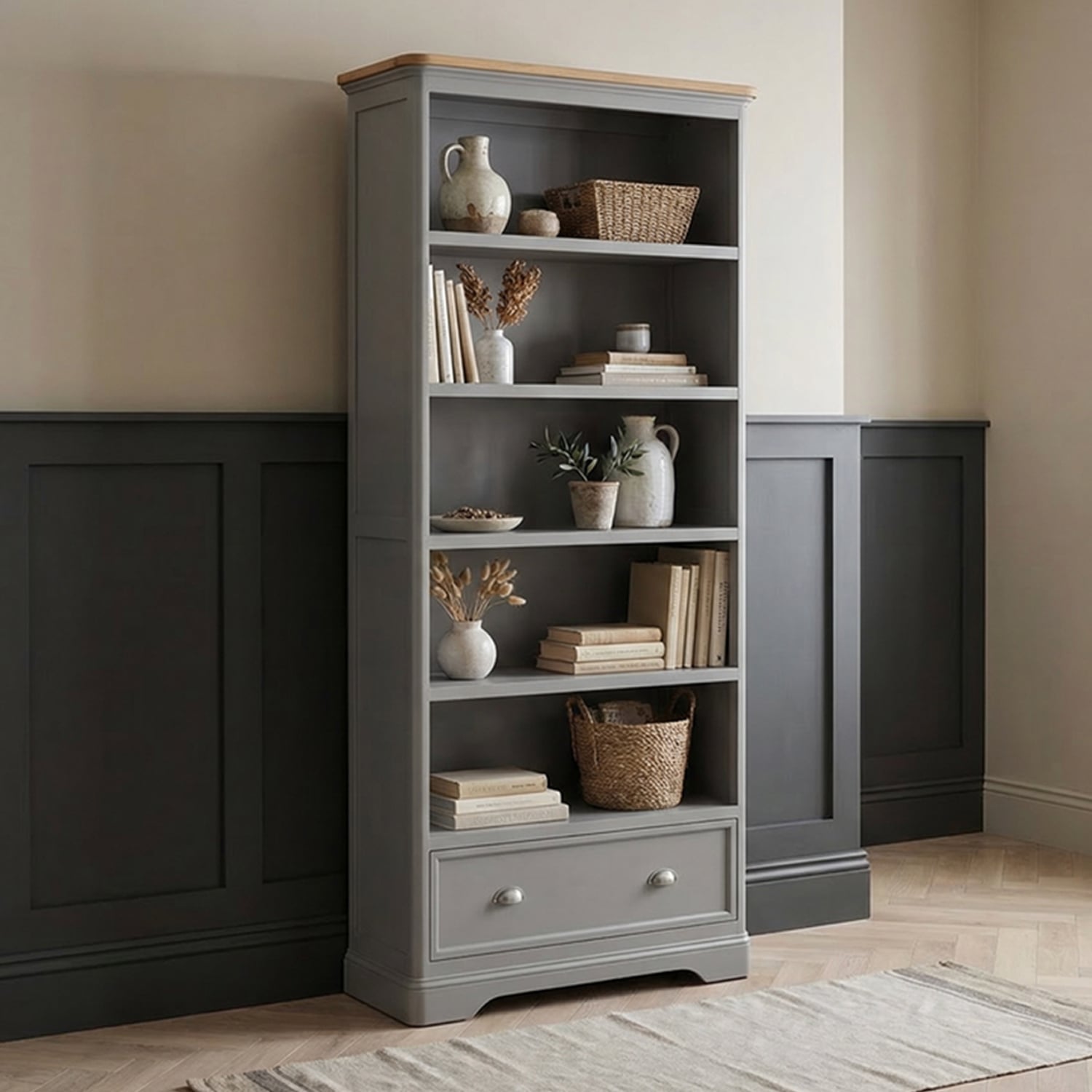 Felton Oak and Light Grey Painted Tall Bookcase
