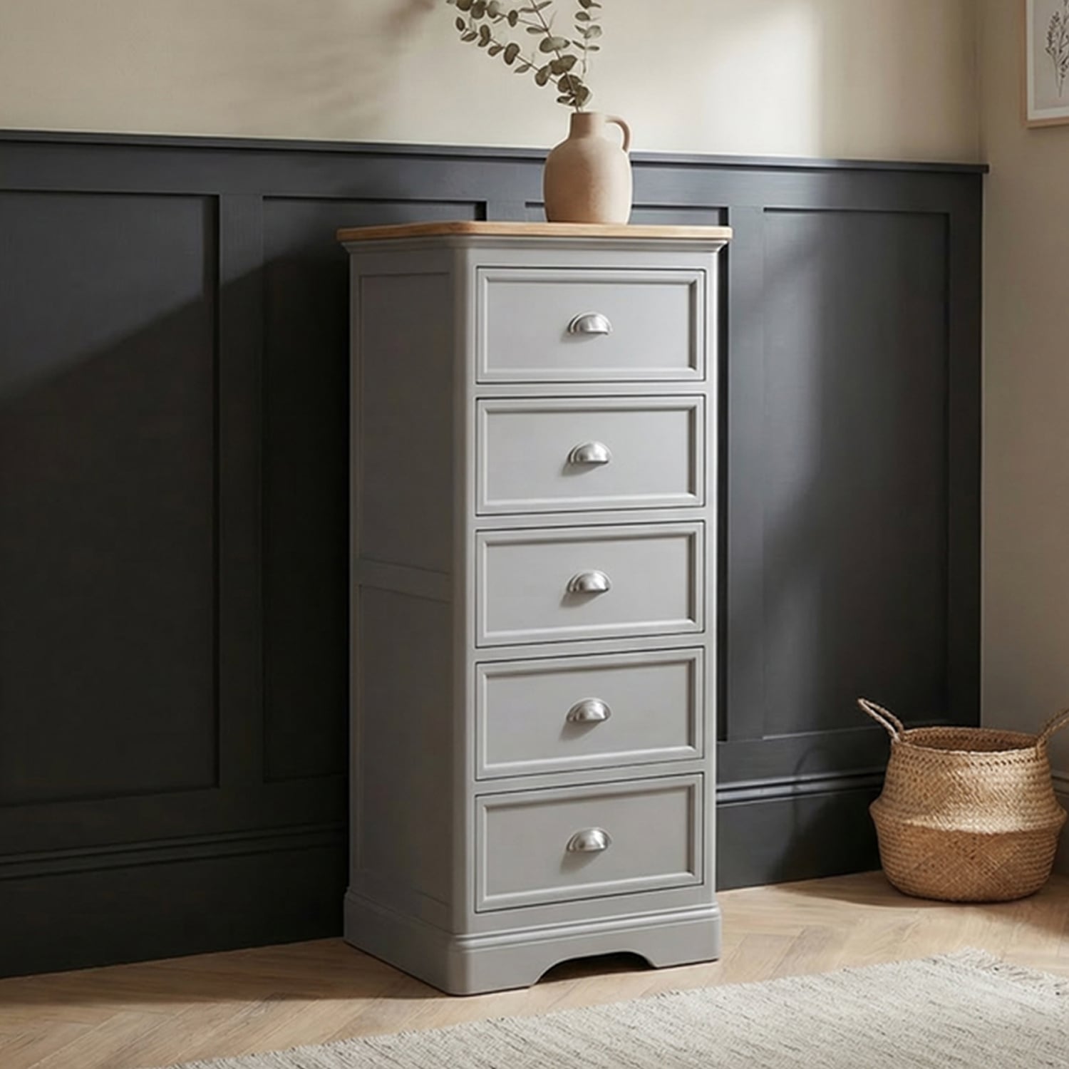 Felton Oak and Light Grey Painted 5 Drawer Tallboy