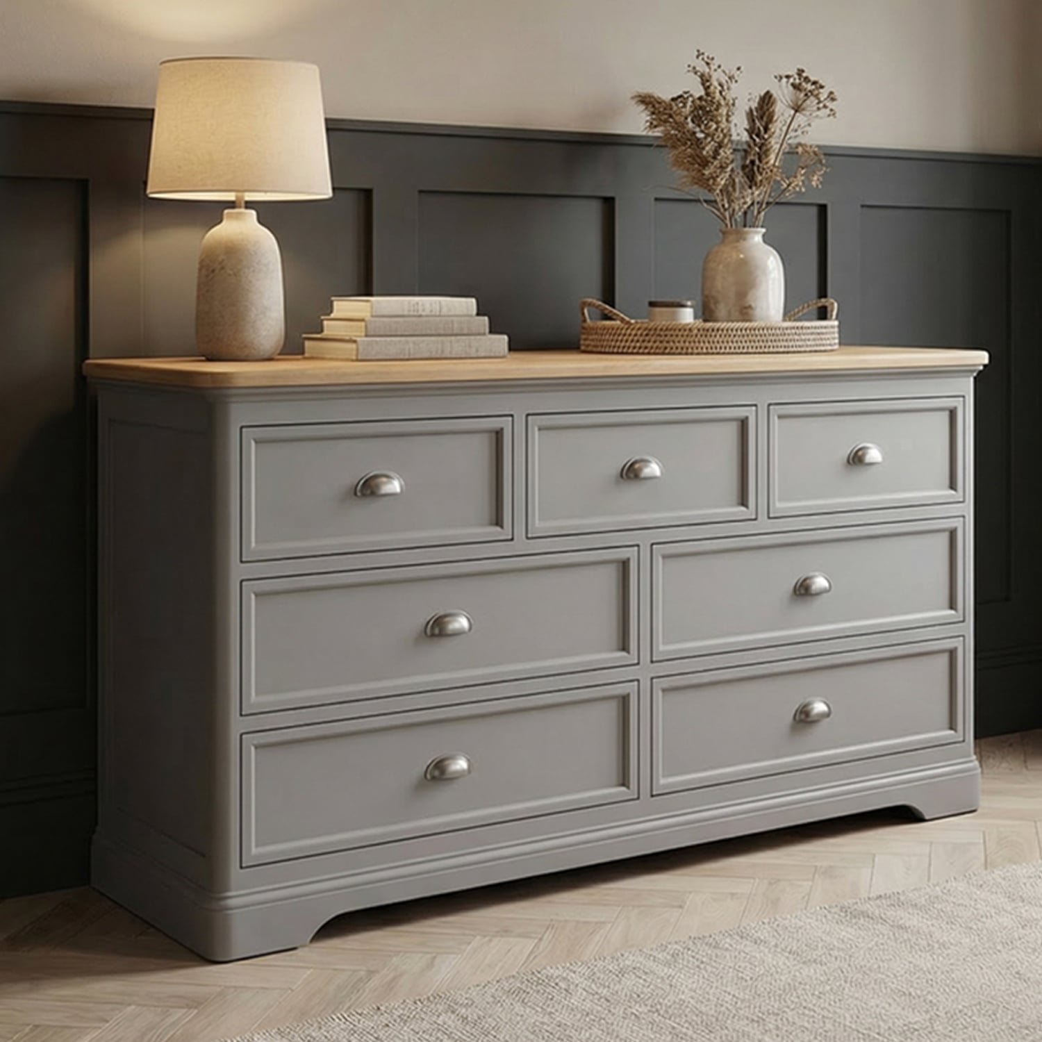 Felton Oak and Light Grey Painted Wide Chest Of Drawers