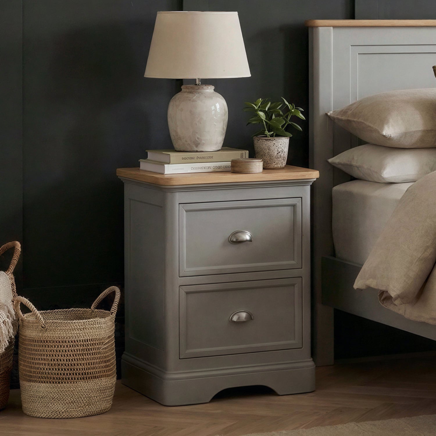 Felton Oak and Light Grey Painted 2 Drawer Bedside Chest
