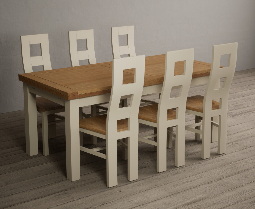 Extending Buxton 180cm Oak and Cream Painted Dining Table with 8 Light Grey Painted Chairs