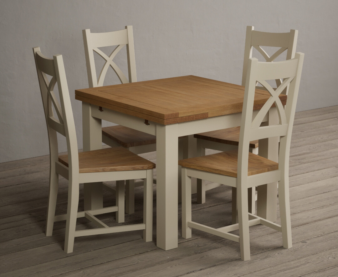 Extending Buxton 90cm Oak and Cream Painted Dining Table with 6 Linen Painted Chairs