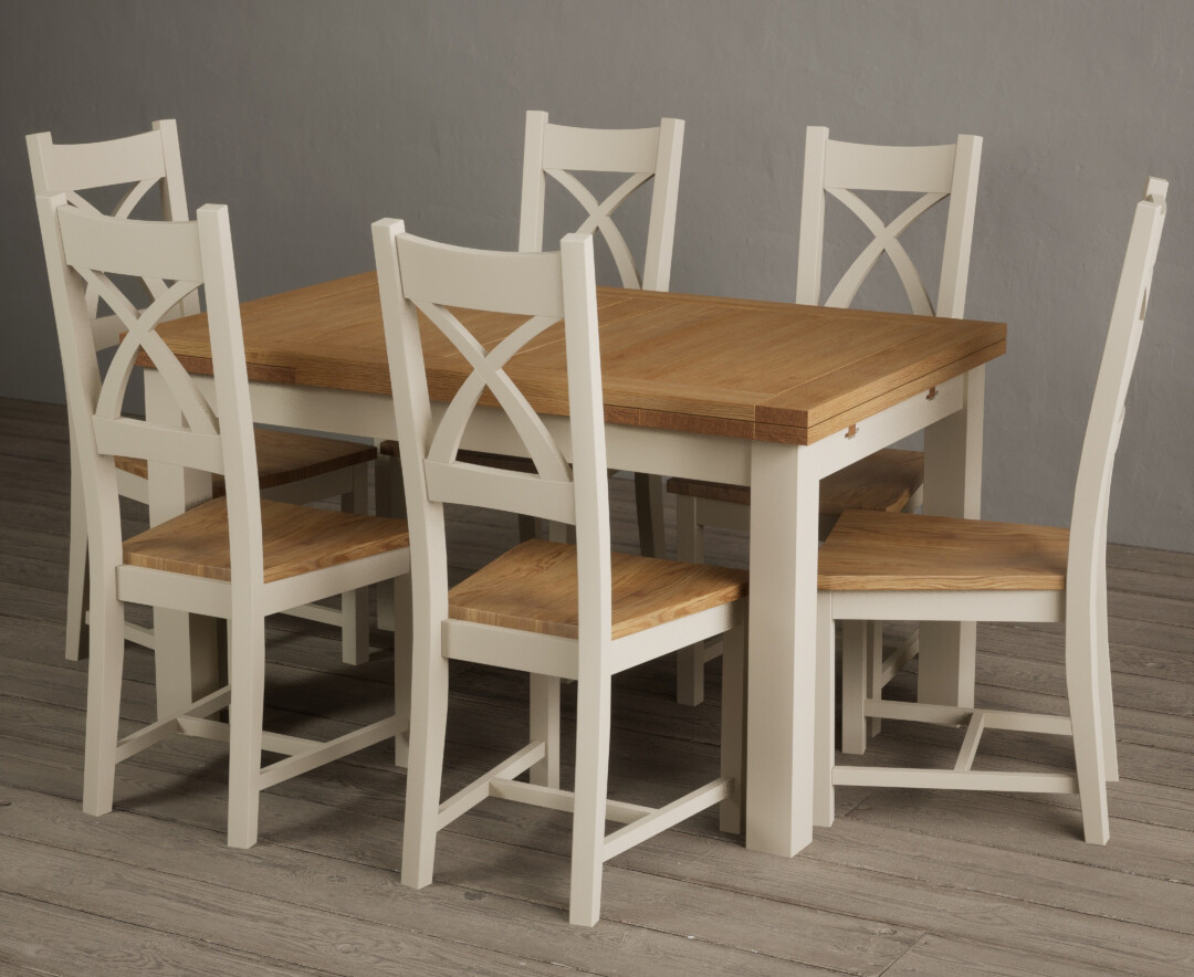 Extending Buxton 140cm Oak And Cream Painted Dining Table With 6 Linen Painted Chairs