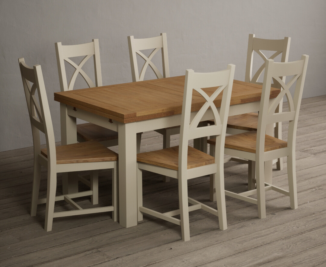 Extending Buxton 140cm Oak And Cream Painted Dining Table With 6 Blue Painted Chairs