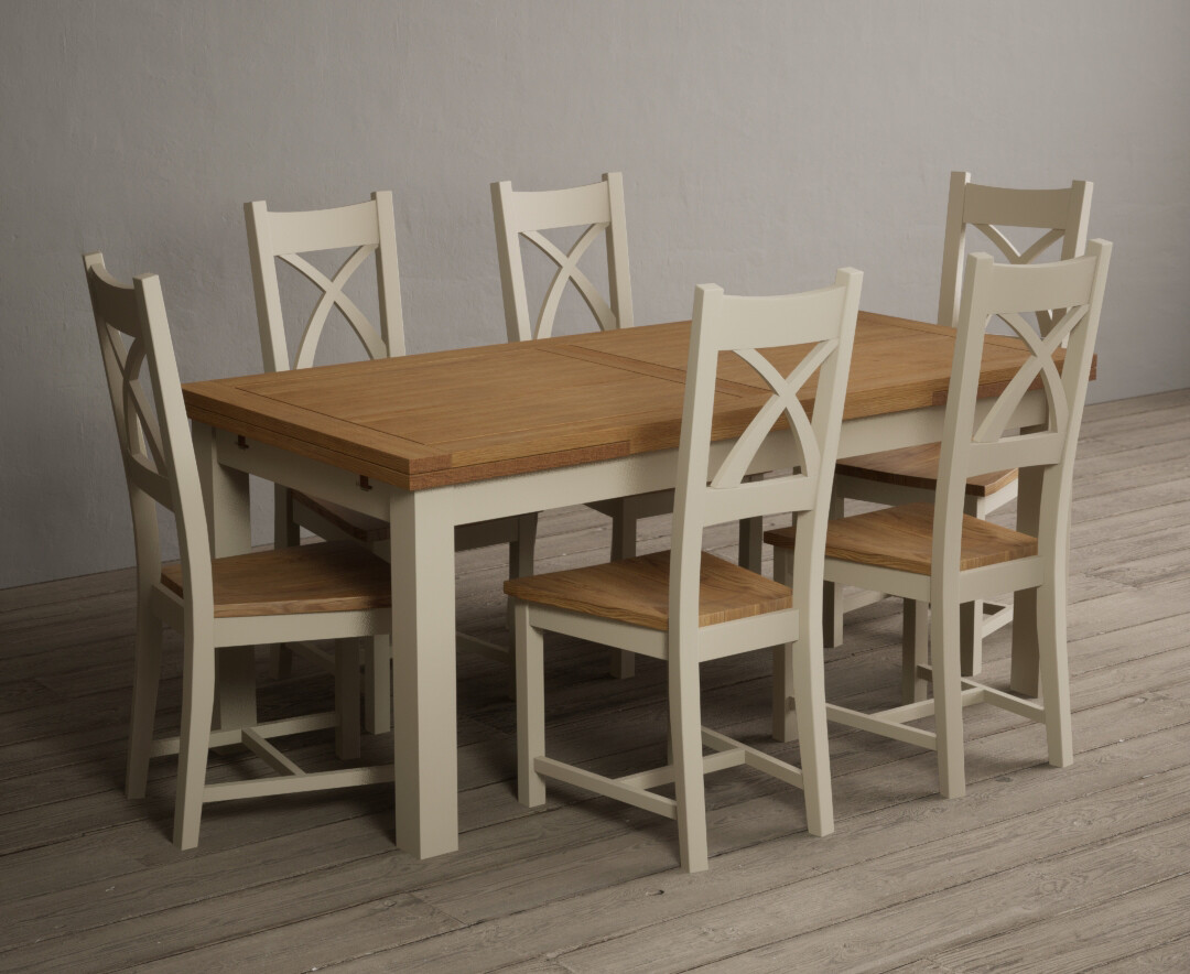 Extending Buxton 180cm Oak And Cream Painted Dining Table With 6 Light Grey Painted Chairs